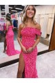 Purchase One Shoulder Sleeveless Long Sweep Train Velvet Sequin Prom Dress with Side Slit