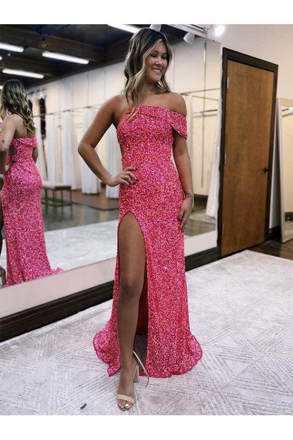 Purchase One Shoulder Sleeveless Long Sweep Train Velvet Sequin Prom Dress with Side Slit
