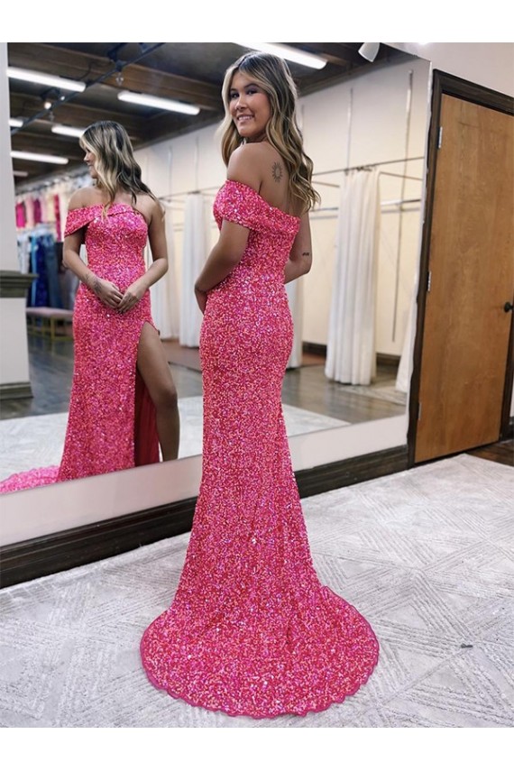 Purchase One Shoulder Sleeveless Long Sweep Train Velvet Sequin Prom Dress with Side Slit