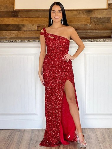 Purchase One Shoulder Sleeveless Long Sweep Train Velvet Sequin Prom Dress