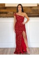 Purchase One Shoulder Sleeveless Long Sweep Train Velvet Sequin Prom Dress