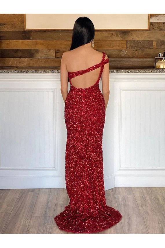 Purchase One Shoulder Sleeveless Long Sweep Train Velvet Sequin Prom Dress