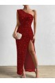 Purchase One Shoulder Sleeveless Long Floor Length Velvet Sequin Prom Dress with Slit