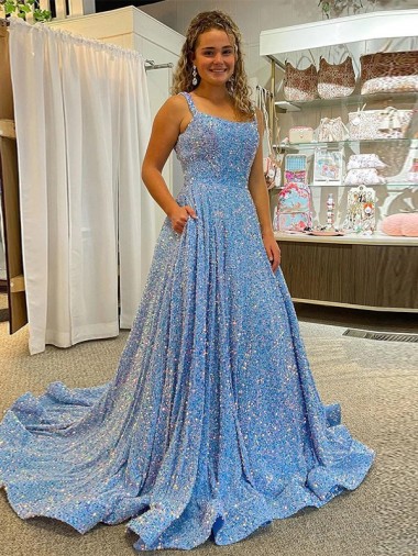 Purchase A-Line Scoop Sleeveless Long Court Train Velvet Sequin Prom Dress
