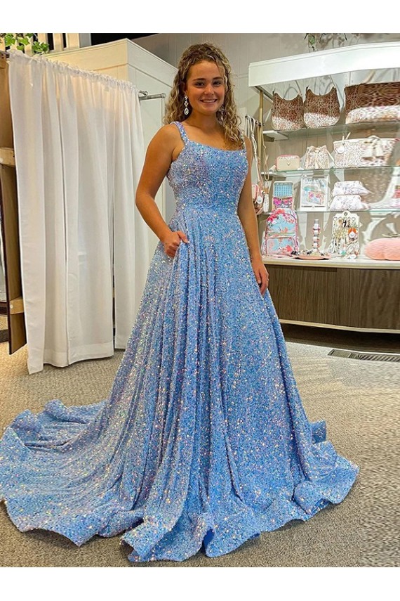 Purchase A-Line Scoop Sleeveless Long Court Train Velvet Sequin Prom Dress