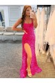 Purchase Spaghetti Straps Sleeveless Long Velvet Sequin Prom Dress with Slit and Criss Cross Open Back