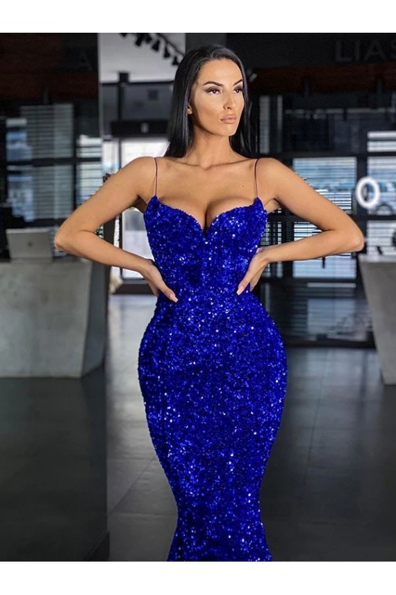 Purchase Mermaid Spaghetti Straps Sleeveless Long Sweep Train Velvet Sequin Prom Dress