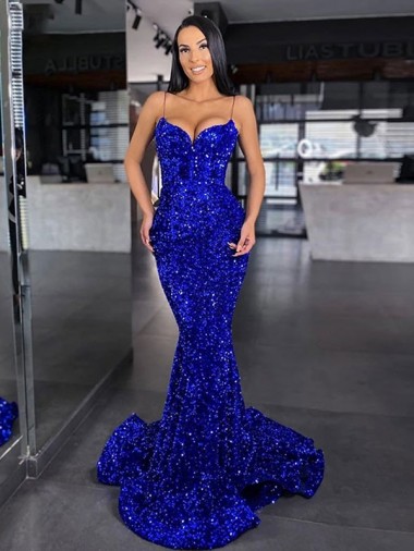 Purchase Mermaid Spaghetti Straps Sleeveless Long Sweep Train Velvet Sequin Prom Dress