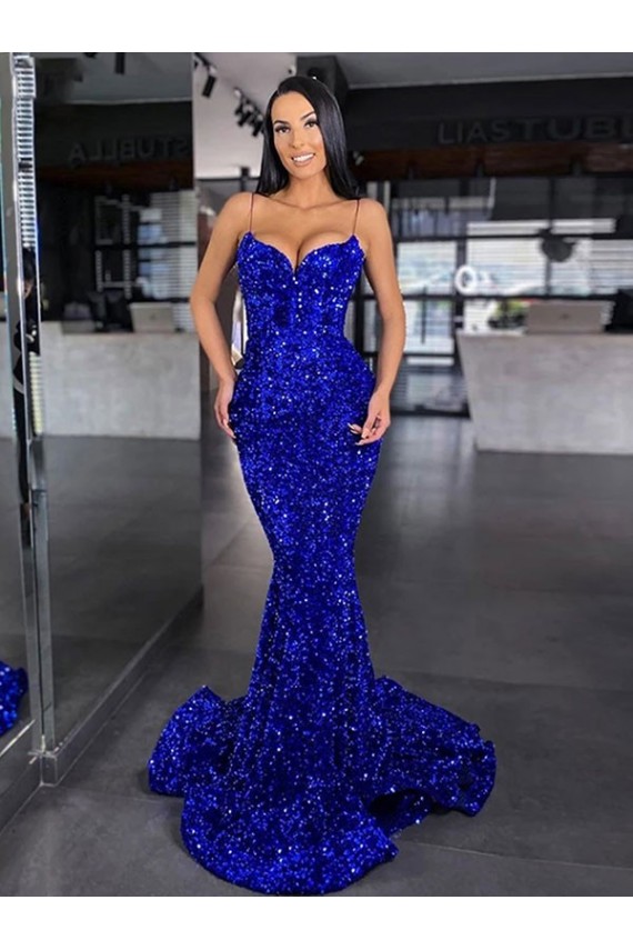 Purchase Mermaid Spaghetti Straps Sleeveless Long Sweep Train Velvet Sequin Prom Dress