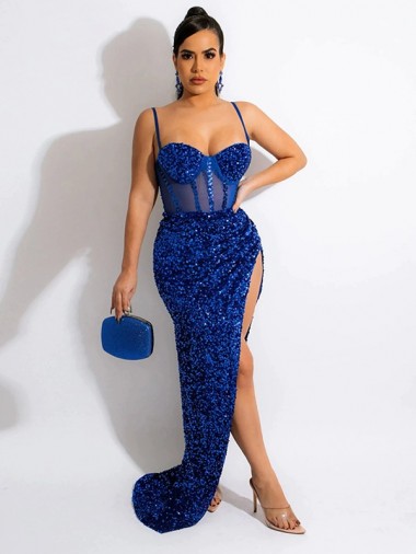 Purchase Long Sweep Train Spaghetti Straps Sleeveless Velvet Sequin Prom Dress with Slit