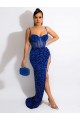 Purchase Long Sweep Train Spaghetti Straps Sleeveless Velvet Sequin Prom Dress with Slit