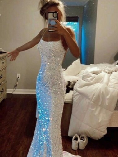 Purchase Long Spaghetti Straps Sleeveless Sweep Train Velvet Sequin Prom Dress