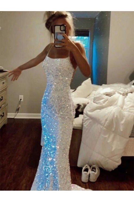 Purchase Long Spaghetti Straps Sleeveless Sweep Train Velvet Sequin Prom Dress