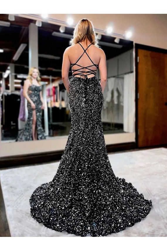 Purchase Spaghetti Straps Sleeveless Long Sweep Train Velvet Sequin Prom Dress