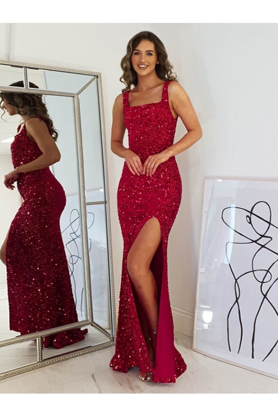 Purchase Square Neck Sleeveless Long Velvet Sequin Prom Dress with Slit