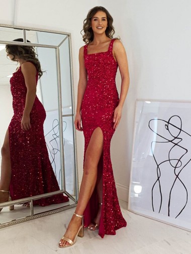 Purchase Square Neck Sleeveless Long Velvet Sequin Prom Dress with Slit