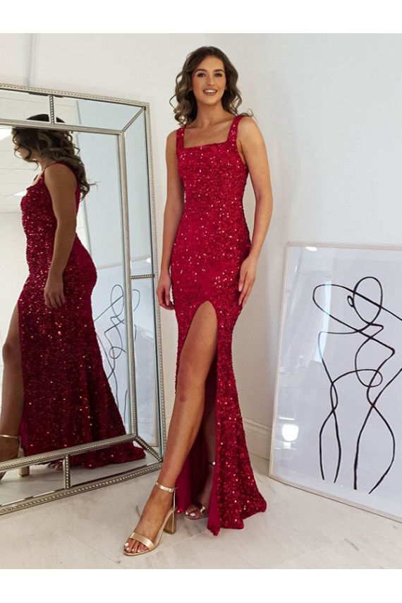 Purchase Square Neck Sleeveless Long Velvet Sequin Prom Dress with Slit