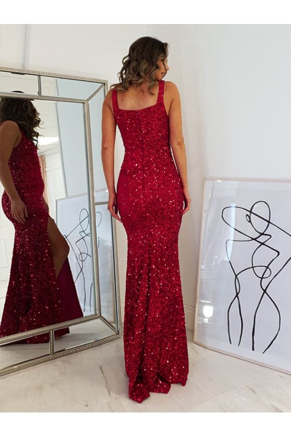 Purchase Square Neck Sleeveless Long Velvet Sequin Prom Dress with Slit