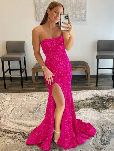 Purchase Strapless Sleeveless Long Sweep Train Velvet Sequin Prom Dress with Side Slit