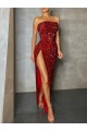 Purchase Strapless Sleeveless Long Floor Length Velvet Sequin Prom Dress High Side Slit