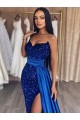Purchase Sweetheart Sleeveless Long Sweep Train Velvet Sequin Prom Dress with Slit