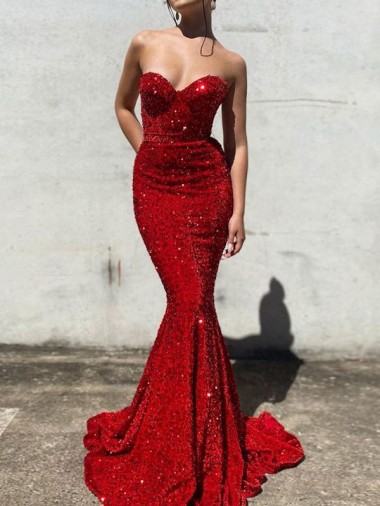 Purchase Mermaid Sweetheart Sleeveless Long Court Train Velvet Sequin Prom Dress