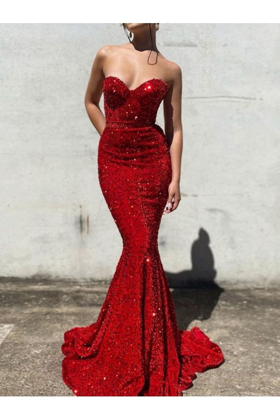Purchase Mermaid Sweetheart Sleeveless Long Court Train Velvet Sequin Prom Dress