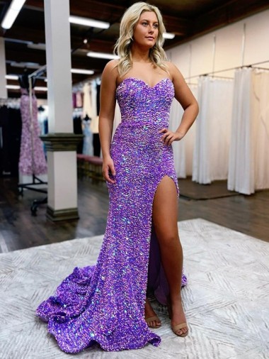Purchase A-Line Sweetheart Sleeveless Long Velvet Sequin Prom Dress with Slit