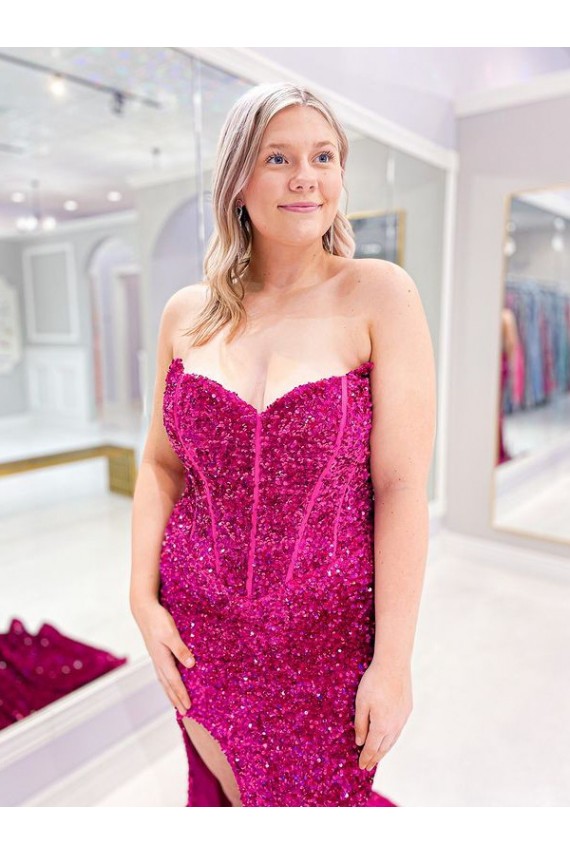 Purchase Long Sweetheart Sleeveless Sweep Train Velvet Sequin Prom Dress with Slit
