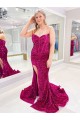Purchase Long Sweetheart Sleeveless Sweep Train Velvet Sequin Prom Dress with Slit