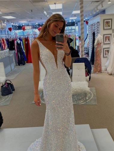 Purchase V-Neck Sleeveless Long Velvet Sequin Prom Dress with Sweep Train