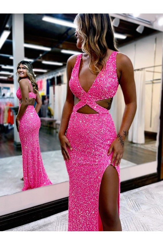 Purchase Long V-Neck Sleeveless Sweep Train Velvet Sequin Prom Dress with High Slit