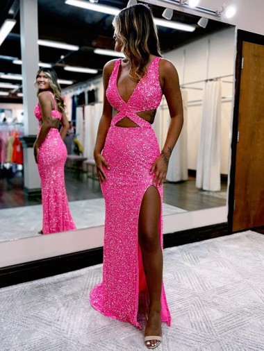 Purchase Long V-Neck Sleeveless Sweep Train Velvet Sequin Prom Dress with High Slit