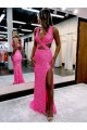 Purchase Long V-Neck Sleeveless Sweep Train Velvet Sequin Prom Dress with High Slit