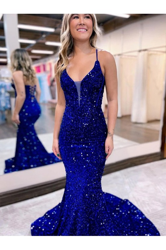 Purchase Mermaid V-Neck Sleeveless Long Court Train Velvet Sequin Prom Dress