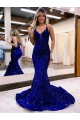 Purchase Mermaid V-Neck Sleeveless Long Court Train Velvet Sequin Prom Dress