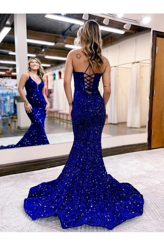Purchase Mermaid V-Neck Sleeveless Long Court Train Velvet Sequin Prom Dress