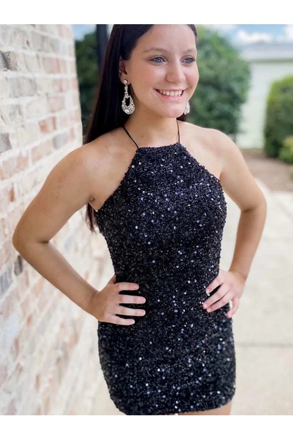 Purchase Halter Sleeveless Short Velvet Sequin Prom Dress