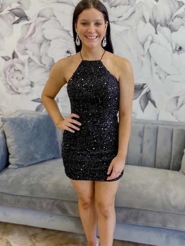 Purchase Halter Sleeveless Short Velvet Sequin Prom Dress