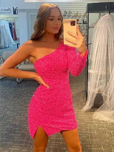 Purchase Short Velvet Sequin One Shoulder Long Sleeves Prom Dress