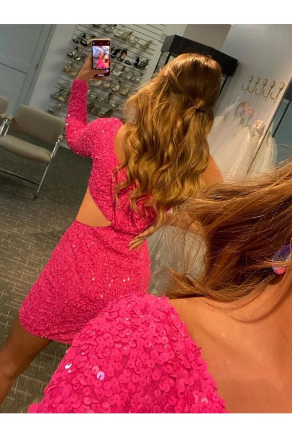 Purchase One Shoulder Long Sleeves Short Velvet Sequin Prom Dress