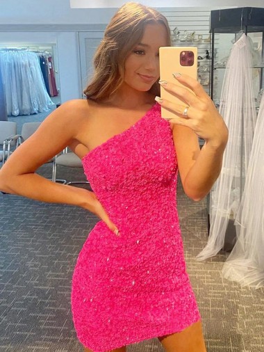 Purchase Short One Shoulder Sleeveless Velvet Sequin Prom Dress