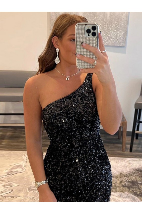 Purchase One Shoulder Sleeveless Short Velvet Sequin Prom Dress