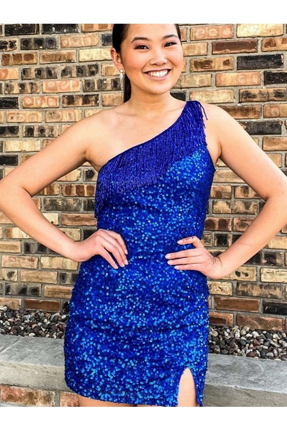 Purchase One Shoulder Sleeveless Short Velvet Sequin Royal Blue Prom Dress