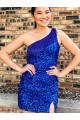 Purchase One Shoulder Sleeveless Short Velvet Sequin Royal Blue Prom Dress