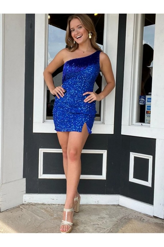 Purchase One Shoulder Sleeveless Short Velvet Sequin Royal Blue Prom Dress