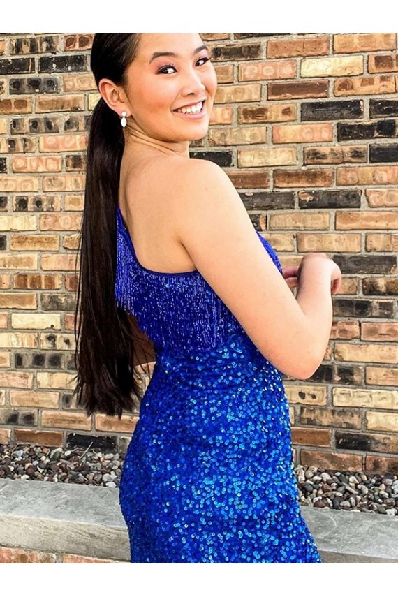 Purchase One Shoulder Sleeveless Short Velvet Sequin Royal Blue Prom Dress