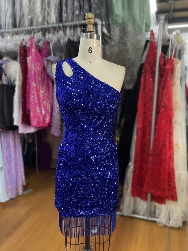 Purchase One Shoulder Keyhole Sleeveless Short Velvet Sequin Prom Dress