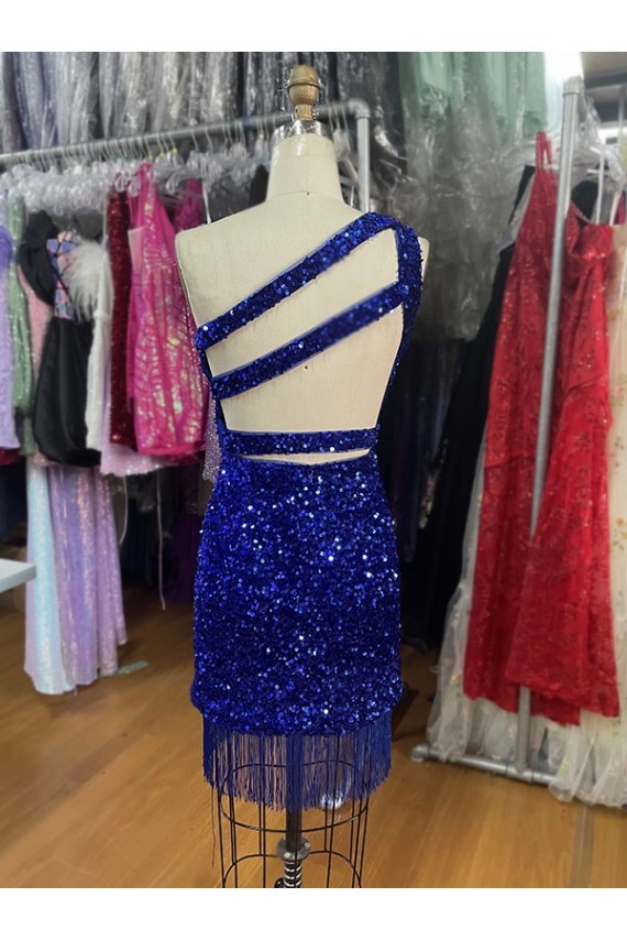 Purchase One Shoulder Keyhole Sleeveless Short Velvet Sequin Prom Dress