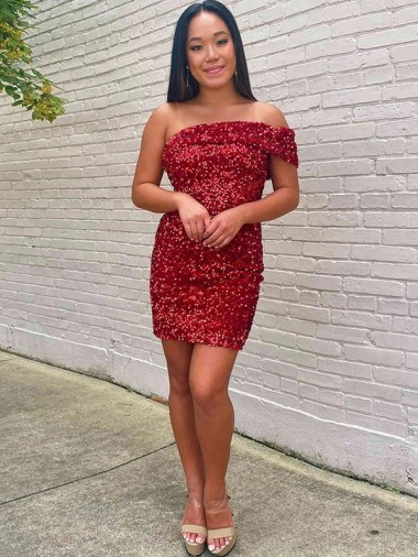 Purchase Short One Shoulder Sleeveless Velvet Sequin Cocktail Prom Dress